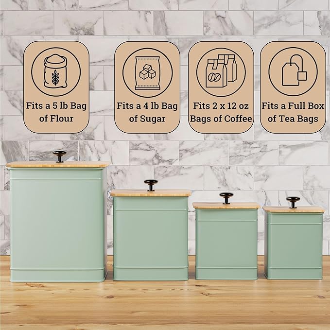 Kitchen Canisters for Countertop Set of 4 with Customizable Chalkboard Labels & Marker Pen - Big Iron Kitchen Canisters with Airtight Lids - Sage Green Canister Set - Flour and Sugar Containers