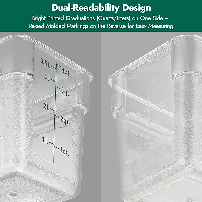 CURTA 4-Pack Food Storage Containers with Green Lids - 2 Qt & 4 Qt Square Clear Polycarbonate - NSF Listed, Commercial Grade, Freezer & Dishwasher Safe, Stackable