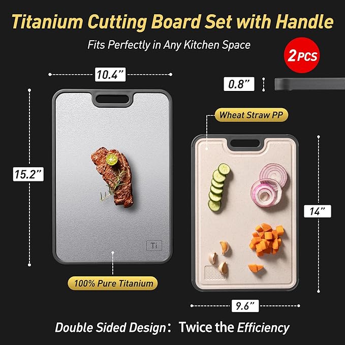 2 in 1 Pure Titanium Cutting Boards for Kitchen Chopping Board with Handle Large Big Small Kitchen Meat Butcher Block Not Stainless Steel Wood Bamboo Glass Rubber Plastic Silicone Acrylic Teak Sink