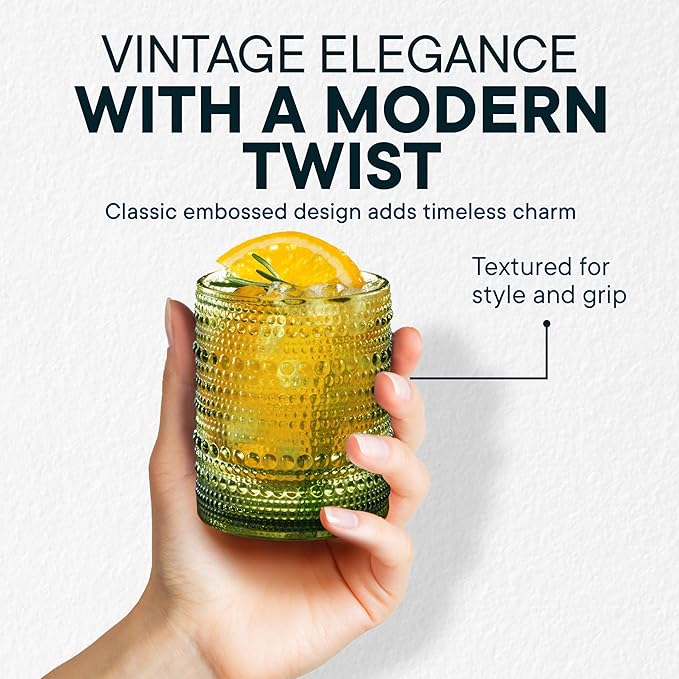 12 OZ Hobnail Drinking Set of 12 – Vintage Embossed Glassware, Textured Tumblers for Water, Beer, Cocktails, Mocktails, Whiskey & More – Includes Straws and Coasters – Green