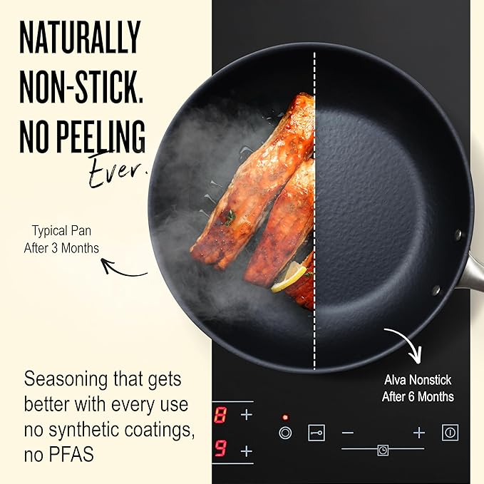 Alva Black Angus 9.5” Carbon Steel Frying Pan – Naturally Nonstick, PFAS-Free & Toxin-Free, Oven & Induction Safe, Chef-Grade Heat Control, Built to Last a Lifetime, Designed in Belgium