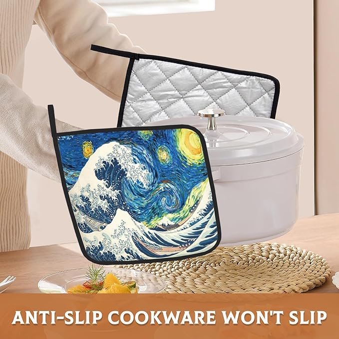 2 Pack Starry Night Great Waves Pot Holders for Kitchen Heat Resistant, Potholders for Kitchens Washable for Cooking & Baking & Microwave