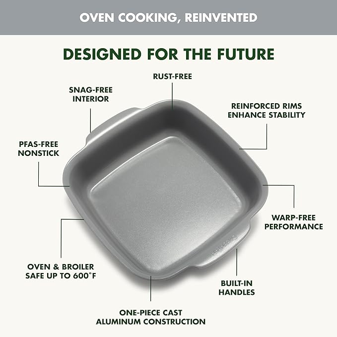 GreenPan Premiere Ovenware Healthy Ceramic Nonstick 8" Square Cake Baking Pan, Cast Aluminum Bakeware, Warp-Free, Oven and Broiler safe to 600F, Dishwasher Safe, PFAS-Free, Gray