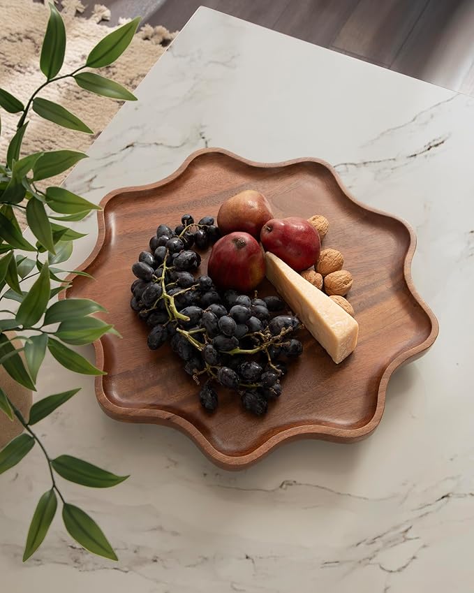 Kate and Laurel Alezar Mango Wood Wavy Round Lazy Susan Tray, 18 Inch Diameter, Walnut Brown, Scalloped Wooden Countertop Organizer with Turning Lazy Susan for Kitchen Storage or Ottoman Tray