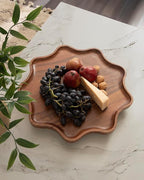 Kate and Laurel Alezar Mango Wood Wavy Round Lazy Susan Tray, 18 Inch Diameter, Walnut Brown, Scalloped Wooden Countertop Organizer with Turning Lazy Susan for Kitchen Storage or Ottoman Tray