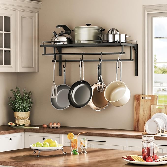 Hanging Pot Rack, Wall-Mounted Pot Rack, Kitchen Cookware Organizer, Metal Pot Rack Holder, for Cookware, Utensils Organization, Black TPR38BB