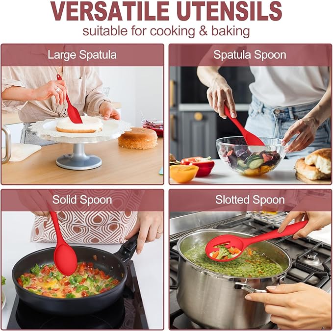 TeamFar Kitchen Utensils, 7 PCS Silicone Cooking Baking Utensil, Non-Stick Kitchen Gadgets with Ladle Spatula Spoon Turner Pasta Server, Non-Toxic & One Piece, Heat Resistant & Dishwasher Safe-Red
