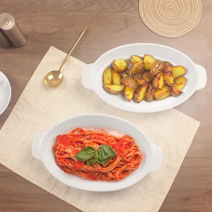 10 x 7 Inch Oval Au Gratin Baking Dishes, Set of 2, Porcelain Baking pan Oven Safe, Roasting Lasagna Pans, for Casserole Dish, Pie Plate, Baking, scalloped potatoes, shepherds pie