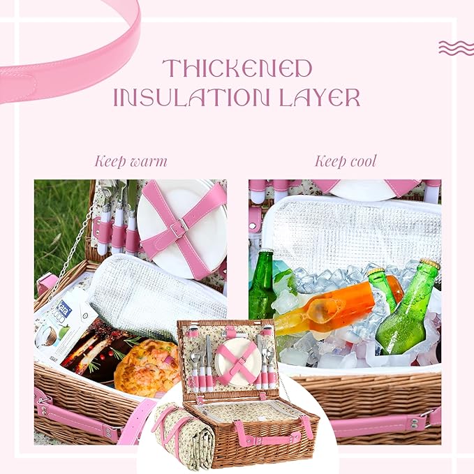 Picnic Basket Set for 4 with Waterproof Blanket Mat Insulation Bag Wicker Pink Floral Classic Fresh Gift for Wedding Birthday Summer Camp Outdoor Camping Beach Travel Christmas Thanksgiving