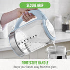 GreenLife 1.7 Liter Glass Electric Kettle, Easy One Touch Use, Quick Heating, Filtered Spout, LED Base, Auto Shut-Off, Cordless Serving, Coffee and Tea, Blue Haze