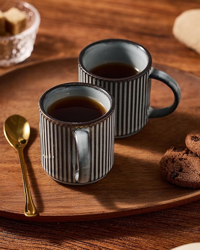 famiware Star Espresso Cups and Saucers Set of 4, [ Mini ] 3 oz Ceramic Small Coffee Mug with Handle, Ribbed Stoneware Demitasse Cup for Tea, Latte - Microwave & Dishwasher Safe - Smoky Blue