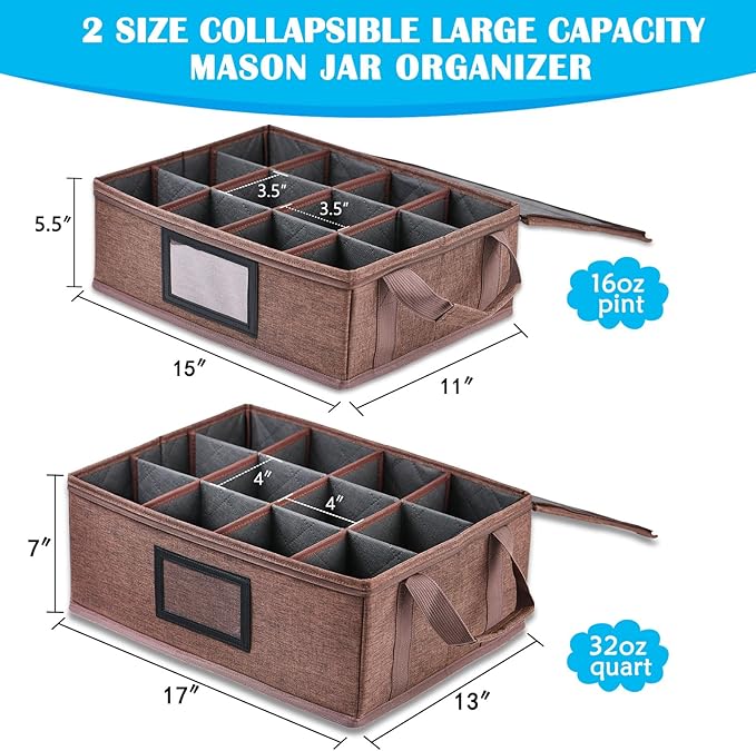 16+32 oz Mason Jar Storage Containers - Sturdy Canning Jar Boxes Organizer, Foldable with Dividers, Holds 12 Pint Mason Jars, Home Canning Supplies (Pint+Quart)