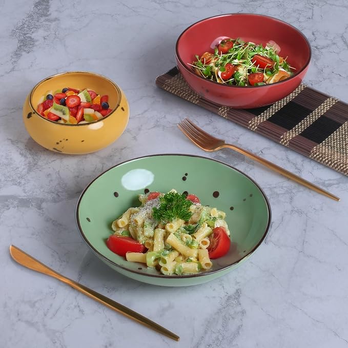 Esfour 8 Inch Porcelain Pasta Bowl, 16 Ounces Salad Bowls, Microwave & Dishwasher Safe, Sturdy & Stackable, Set of 6 Ceramic bowls Plates Set, Wide Shallow salad Bowls Set, Vivid Assorted Colors