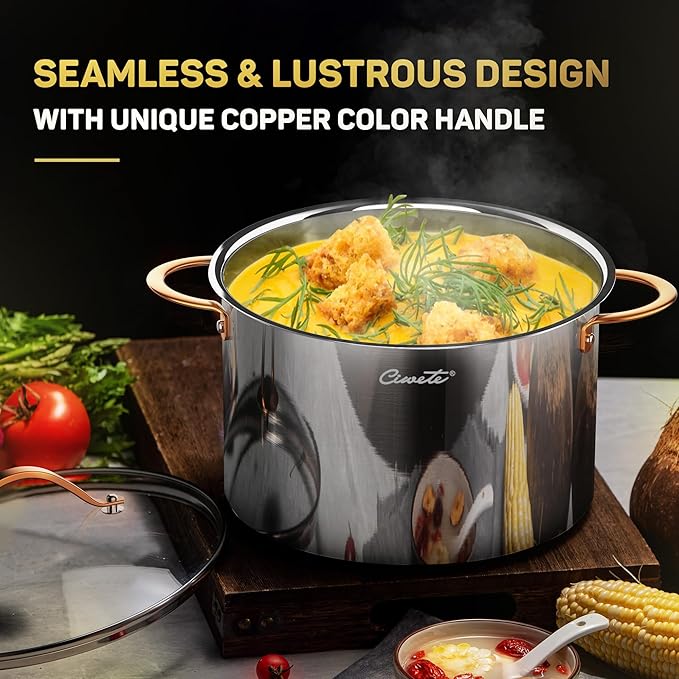 Stock Pot 12 Quart, 18/10 Tri-Ply Stainless Steel All Clad Stock Pot with Lid, Seamless 12 QT Cooking Pot with Copper Handle, Healthy Stockpots, Induction, Gas, Oven and Dishwasher Safe