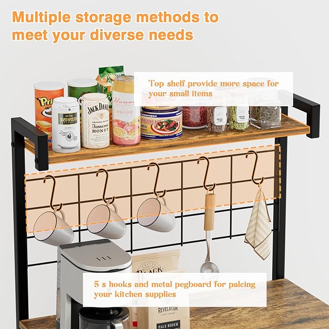 YESHOMY Kitchen Baker’s Rack with Power Outlet, 4-Tier Microwave Stand, Coffee Bar with 5 S-Shaped Hooks, Heavy Duty Storage Shelf Unit for Spices, Pots, Rustic Brown
