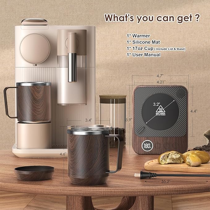 Coffee Mug Warmer & Mug Set for Desk, Electric Coffee Cup Warmer with 16oz Heated Mug, Smart Coffee Heater with Auto Shut Off for Office/Home, Christmas/Birthday/Coffee Gifts for Men & Women, Wood