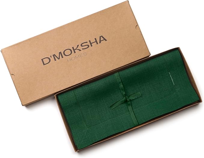 D'Moksha Homes Linen Forest Green Table Runner 120 Inches Long - 100% Pure Linen Hemstitch 14 x 120 Inch Table Runner for Dining, Summer, Fall and Halloween - Classic Hemstitch