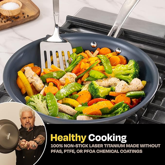 Guy Fieri's Flavortown Laser Titanium 2 Pcs Fry Pan Set 8.5" and 10" - Non-stick Cookware Set Without PFAS, PTFE, or PFOA, 3x More Durable, Dishwasher Safe, Oven Safe