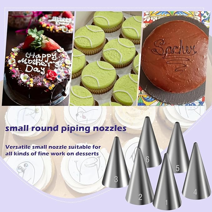 Hendiy 6 Pcs Round Piping Tips Set, Stainless Steel Icing Tips Cupcake Frosting Nozzles Small Decorating Piping Tip, Cake Writing Icing Decorating Tool for Cookies Cupcake