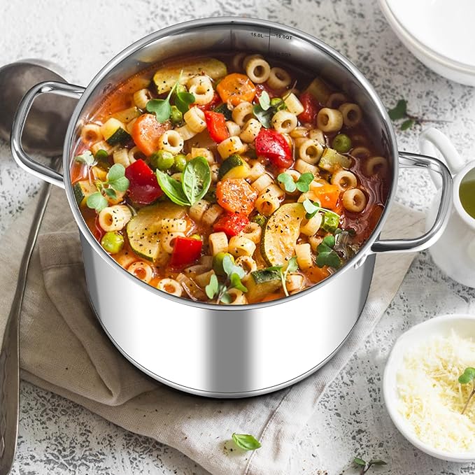 Leonyo 16 Quart Stock Pot With Lid, 18/10 Stainless Steel Stockpot, large Induction Cooking Pot with Visible Lid for Pasta, Soup, Spaghetti, Tri-Ply Bottom & Heavy Duty, Various Stovetops Suitable