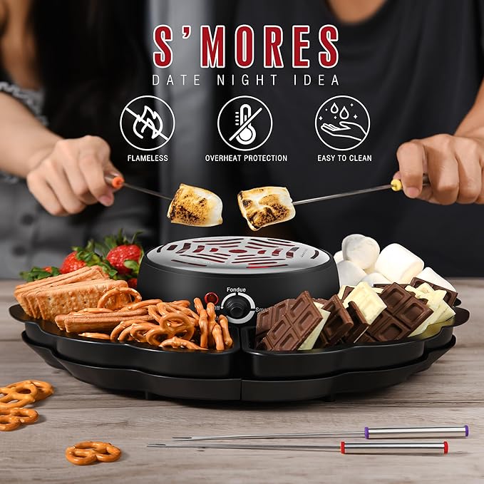 2 in 1 Electric S’mores Maker & Fondue Pot, Tabletop Indoor Smores kit with 4 Roasting Forks, 4 Detachable Trays & 1 Flameless Temperature-controlled Heater, Movie Night Supplies & Housewarming Gifts