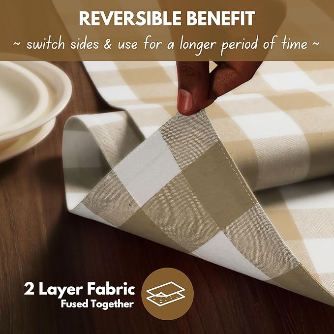 Native Fab Buffalo Check Table Runner 100% Cotton - 13x72 Inches Plaid Dining Table Decoration for Indoor Outdoor Farmhouse Home Party Decor - Beige and White