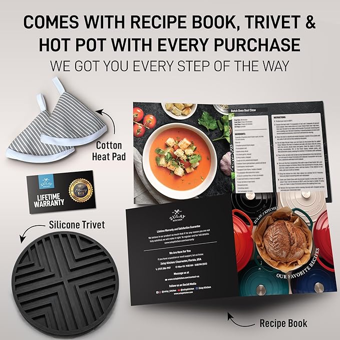Zulay Kitchen 6 Quart Enameled Cast Iron Dutch Oven with Lid, Silicone Trivet & Heat Pad – Premium Durability & Oven Safe up to 500°F – Heavy Duty Cookware Perfect for Bread Baking, Stews, Braising & Roasting – Gray