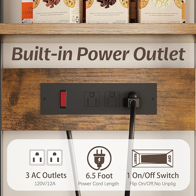 6-Tier Mini Fridge Stand with Power Outlet and Drawer, Freestanding Bakers Rack with Storage, Microwave Storage Shelf for Kitchen, Coffee Bar Organizer with Hooks (Rustic Brown)