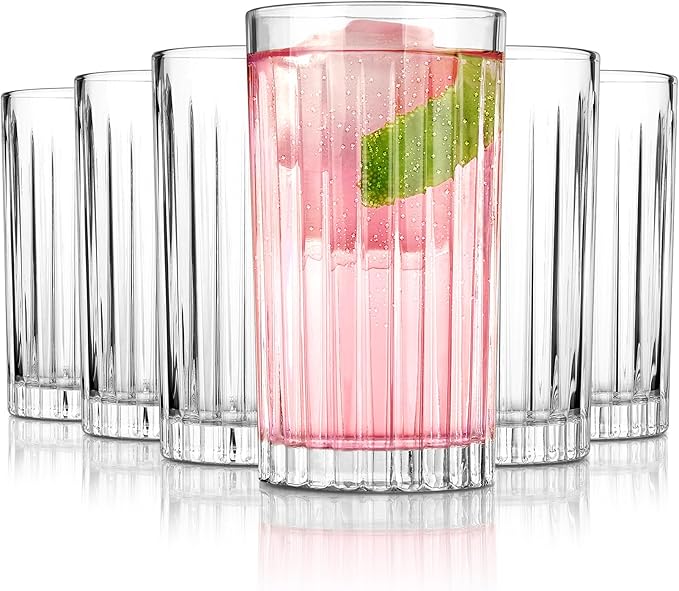Premium VertiLine 13.5oz Highball Glasses, 6pc Tall Glass Sets. Lead-Free Crystal Drinking Glasses. Water Glasses, Mojito Glass Cups, and Mixed Drink Cocktail Glass Set. (Tall glasses)