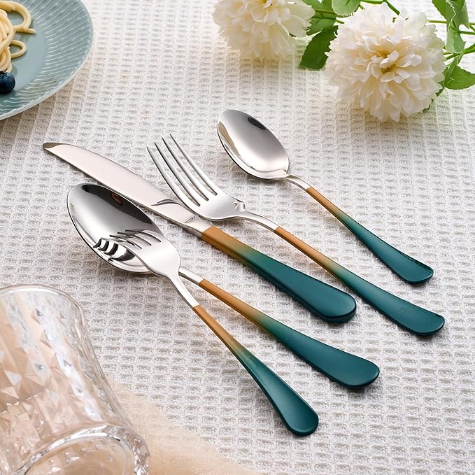 20 Piece Green and Orange 18/0 Flatware Utensil Set for 4, Include Dinner Knife,Dinner Forks,Dinner Spoons,Salad Forks,Teaspoons,Silverware Set for 4, Dishwasher Safe