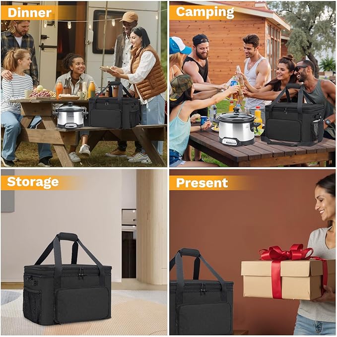 Slow Cooker Carrying Bag, Double Layer Insulated Design Slow Cooker Carrier with Removable Hard Liner and Pot Lid Fastener Fit for 6-8 Quart Crock Pot, Black
