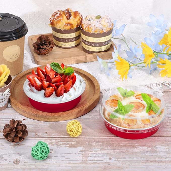 Beasea Disposable Mini Pie Tins with Lids, 100 Pack 4” 8oz Bright Red Aluminum Baking Foil Tins Small Round Tart Container for Individual Dessert Cupcake Muffin Cheesecake Ramekin Quiche Oven Dishes