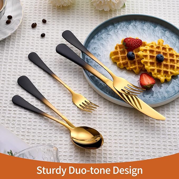 20 Piece Black Gold 18/0 Flatware Utensil Set for 4, Include Dinner Knife,Dinner Forks,Dinner Spoons,Salad Forks,Teaspoons,Silverware Set for 4, Dishwasher Safe