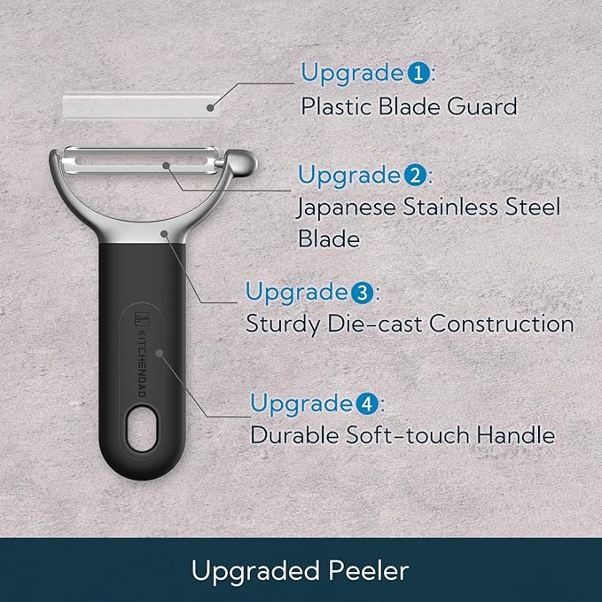 KITCHENDAO Swivel Vegetable Potato Peeler for Kitchen, Japanese Stainless Steel Sharp Blade, Heavy Duty Die-cast Construction Y Peeler, Built-in Eye Remover, Soft-touch Handle, Dishwasher Safe, Black