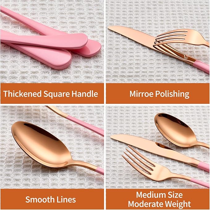 20 Piece Rose Gold Pink 18/0 Flatware Utensil Set for 4, Include Dinner Knife,Dinner Forks,Dinner Spoons,Salad Forks,Teaspoons,Silverware Set for 4, Dishwasher Safe