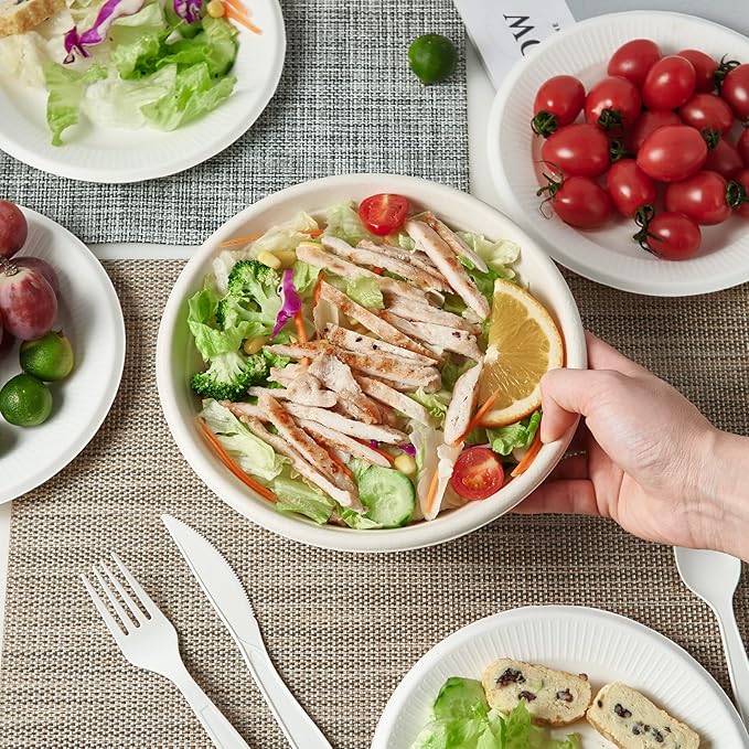 ECOLipak 32 OZ Large Compostable Disposable Paper Bowls, 70 Pack Biodegradable Bagasse Eco-Friendly Sugarcane Soup Bowls for Salad Wheat Flakes(Nature)