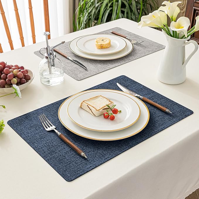 Romanstile Reversible Vinyl Placemats Set of 8, Faux Leather 100% Waterproof Oil-proof Wipeable Place Mats, Heat Resistant Dual Sided Table Mats for Kitchen/Dining/Party (Grey Nave Blue, 12 x 17 Inch)