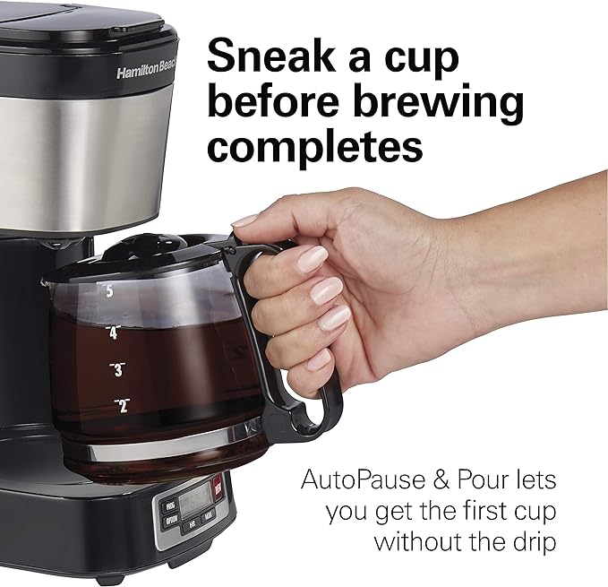 Hamilton Beach 5 Cup Drip Coffee Maker with Easy FrontFill Basket, Compact Design, Programmable Clock, Glass Carafe, Auto Pause and Pour, Black & Stainless Steel (46111)