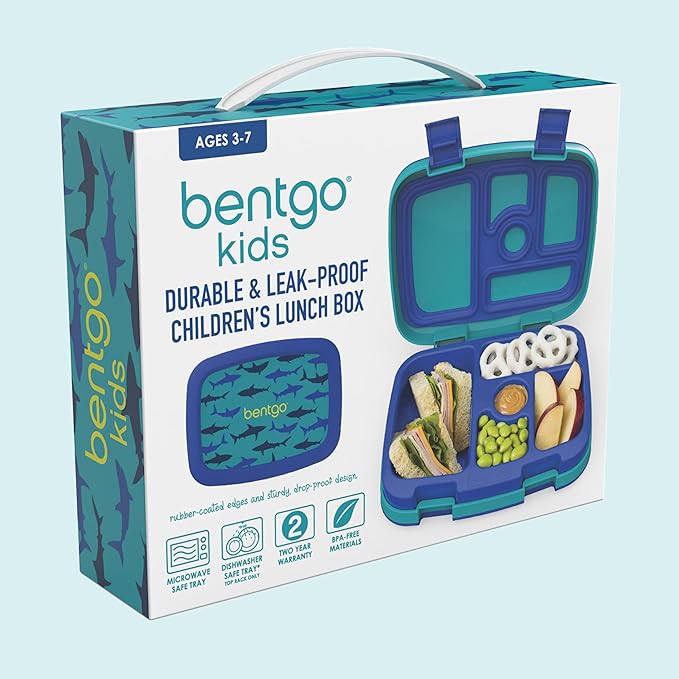 Bentgo Kids Prints Leak-Proof, 5-Compartment Bento-Style Kids Lunch Box - Ideal Portion Sizes for Ages 3-7, Durable, Drop-Proof, Dishwasher Safe, & PFAS & BPA-Free Materials (Sharks)