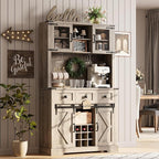 72" Farmhouse Bar Cabinet with Sliding Barn Door, Tall Kitchen Buffet with Storage Hutch and 3 Drawer, Rustic Coffee Wine Bar Sideboard with Wine & Glasses Rack, for Living Room, Washed Grey