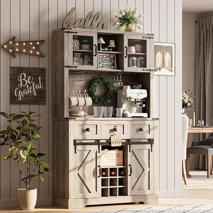 72" Farmhouse Bar Cabinet with Sliding Barn Door, Tall Kitchen Buffet with Storage Hutch and 3 Drawer, Rustic Coffee Wine Bar Sideboard with Wine & Glasses Rack, for Living Room, Washed Grey