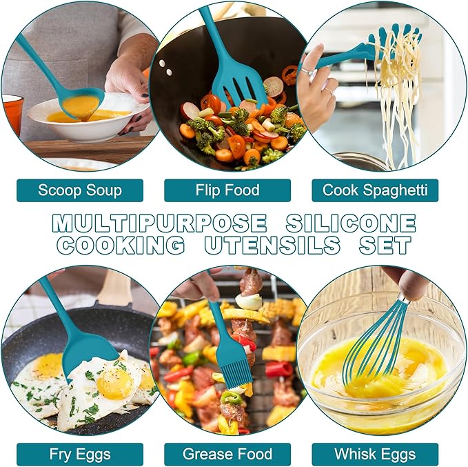 E-far Silicone Cooking Utensils Set, 24Pcs Heat Resistant Kitchen Utensil with Holder, Silicone Kitchen Tools with Spatula Turner Spoon Tongs Whisk, Non-Toxic & Dishwasher Safe (Blue)