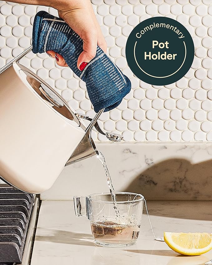 Caraway 2 Quart Whistling Tea Kettle - Durable Stainless Steel Tea Pot - Fast Boiling, Stovetop Agnostic - Non-Toxic, PTFE & PFOA Free - Includes Pot Holder - White