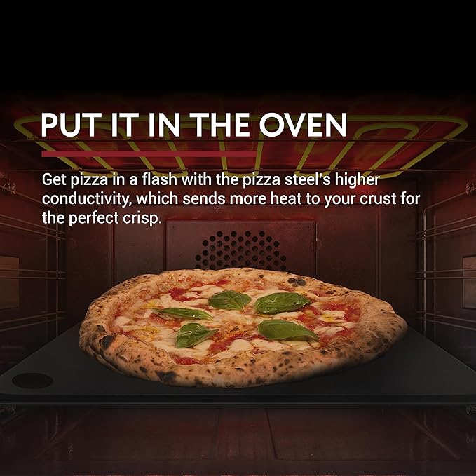 IMPRESA Pizza Steel for Oven - 14 x 14 x 0.25 in Black Carbon Steel - Fast Heat Retention for Crispy Crust - Nonstick Surface with Pizza Stone & Pan Performance