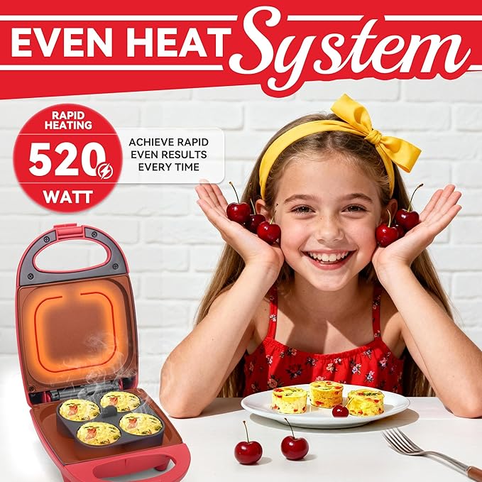 Egg Bite Maker with 2 Silicone Egg Molds for Breakfast Sandwiches, Breakfast Maker, Omelet Pan, Healthy Snacks or Desserts, Red