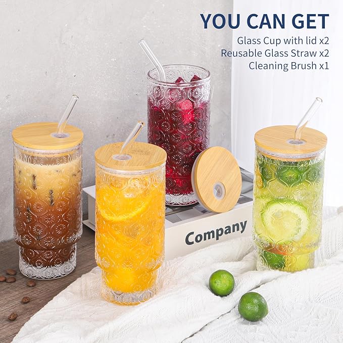 16 Oz Glass Cups Set of 2, Vintage Embossed Floral Glass Tumbler, Iced Coffee Cups with Lid, for Whiskey Cocktail Beer (2 PACK)