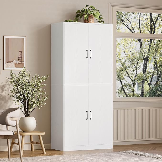 IRONCK 71" Kitchen Pantry Storage Cabinet with Storage Rack, Pegboard Doors, 4 Adjustable Shelves, Food Pantry Cabinet, Freestanding Tall Cupboard for Dining Room, Kitchen, White