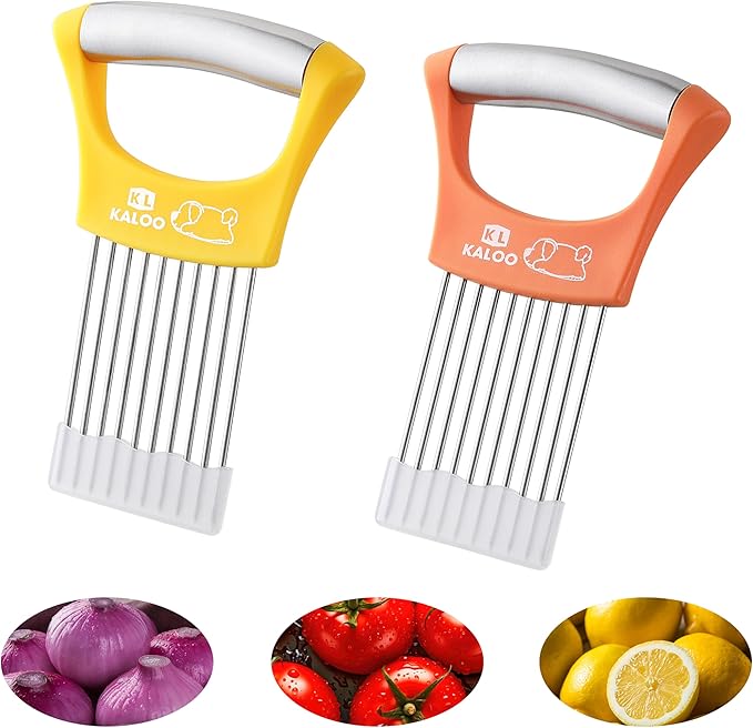 2PCS Onion Slicer Holder, Kaloo Stainless Steel Onion Cutter for Slicing and Storage Onions, Tomato, Vegetable and Eggs, Protective Cover Included, Dishwasher Safe (Stylish Orange+ Yellow Color)