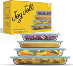 JoyJolt 8-Piece Borosilicate Glass Oven Dishes with Powder Blue Lids, Rectangle Deep Glass Baking Dish Set, Baking Pans for Lasagna Casserole Cake, Bakeware Set, Freezer to Oven Tray to Dishwasher