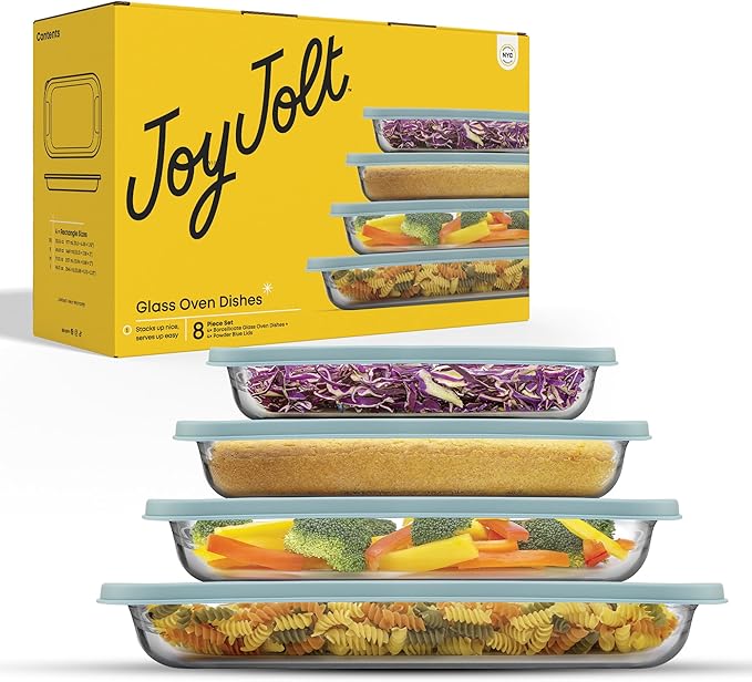 JoyJolt 8-Piece Borosilicate Glass Oven Dishes with Powder Blue Lids, Rectangle Deep Glass Baking Dish Set, Baking Pans for Lasagna Casserole Cake, Bakeware Set, Freezer to Oven Tray to Dishwasher